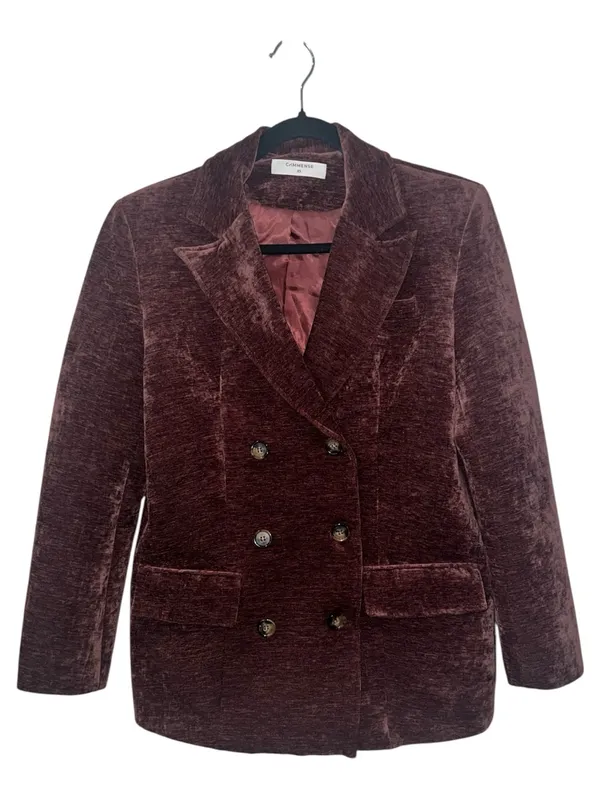 Commense Retro Velvet Blazer XS Fuchsia Mauve Double Breasted Long Sleeve Jacket - Image 2