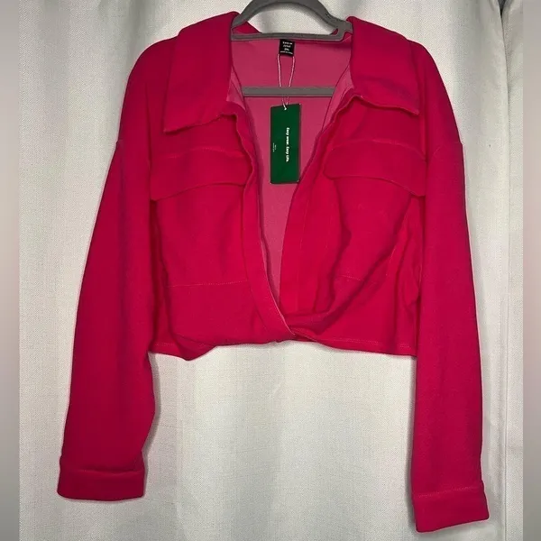SHEIN EZwear Plus Hot Pink Flap Pocket Twist Hem Crop Blouse 2X - Image 8
