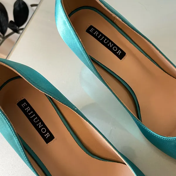ERIJUNOR Teal Satin Kitten Heel Pumps Rhinestone Buckle Pointed Toe Size 7 - Image 5