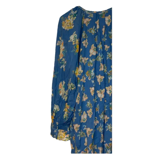 Free People Women's Dress Peasant Floral Tassel 3/4 Sleeve Cotton‎ Blue Medium - Image 9