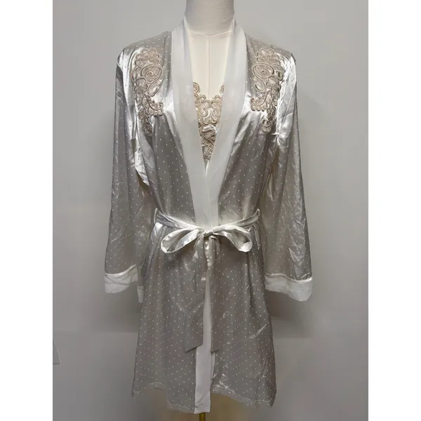 Linea Donatella‎ Ivory Satin Lace Chemise Robe Set Bridal Honeymoon Lingerie M - Image 5