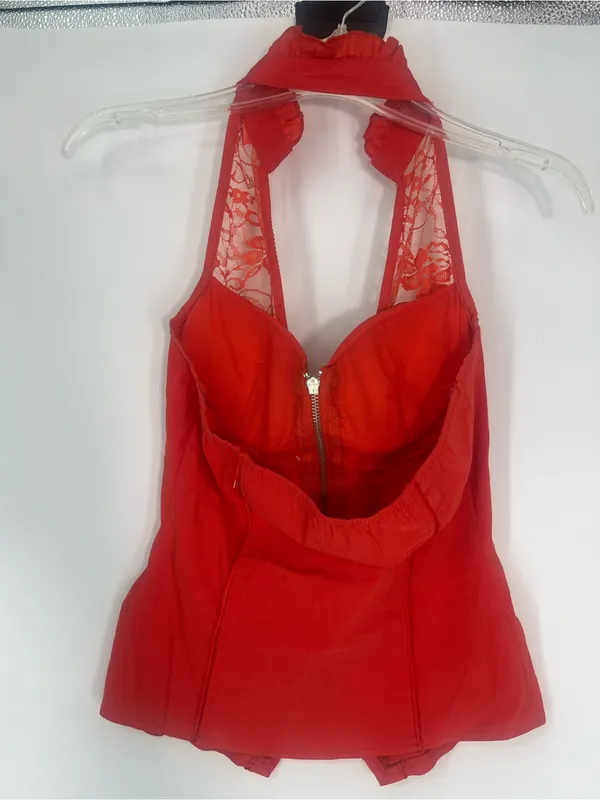 Vintage Y2k Lydia Usa Red Rhinestone Sailor Halter Corset Top - Image 7