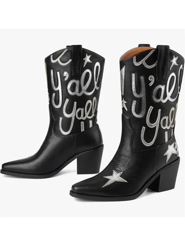 NEW Cowboy Boots Mid Calf Cowgirl Boots Pull On Pointed Toe Embroidered 10 - Image 9