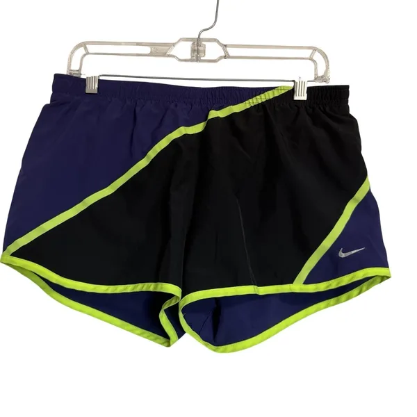 Nike Dri-FIT‎ Running Shorts Womens Medium Purple Black Neon Green Colorblock 3" - Image 3