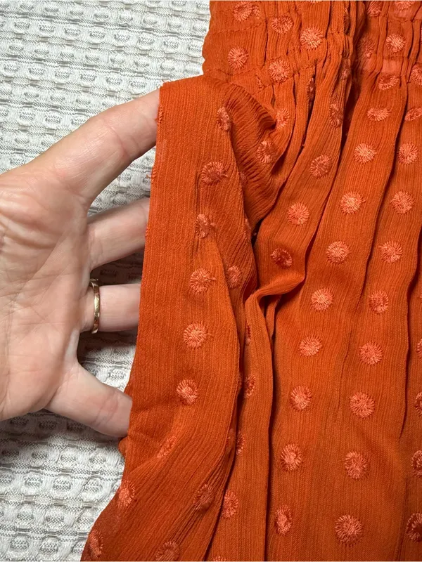 Anthropologie Fall Orange Polka V-Neck Short Sleeve Smocked Waist Short Dress L - Image 2