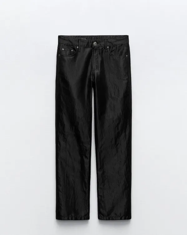 Zara Nwt Satin Effect Shiny Metallic Mid Waist Straight Leg Pants 4 - Image 3