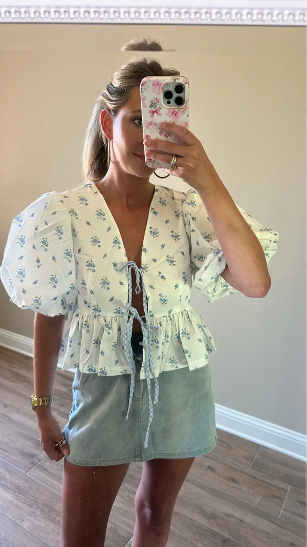 Floral Bow Tie Blouse White - Image 2