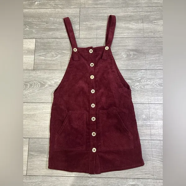 Forever 21 Burgundy Corduroy Overall Dress Pinafore Jumper Button Front‎ Size S - Image 2