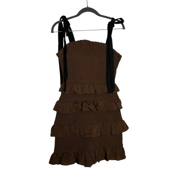 Endless Rose Brown Ruffle‎ Smocked Tie Shoulder Mini Dress Size XS - Image 2