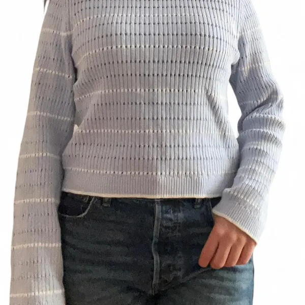 H&M Baby Blue White Knit Cotton Blend Striped Sweater Nautical Preppy Cute Sz Small - Image 3