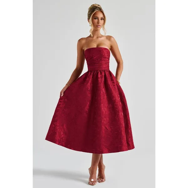 NWT Babyboo Saoirse Red Floral Jacquard Strapless Fit & Flare Midi Dress Size S - Image 4