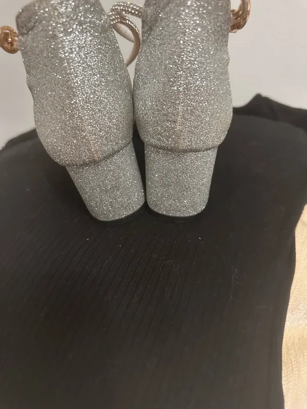 Sugar Everett Silver Glitter Rhinestone Ankle Strap Block Heels - Image 2