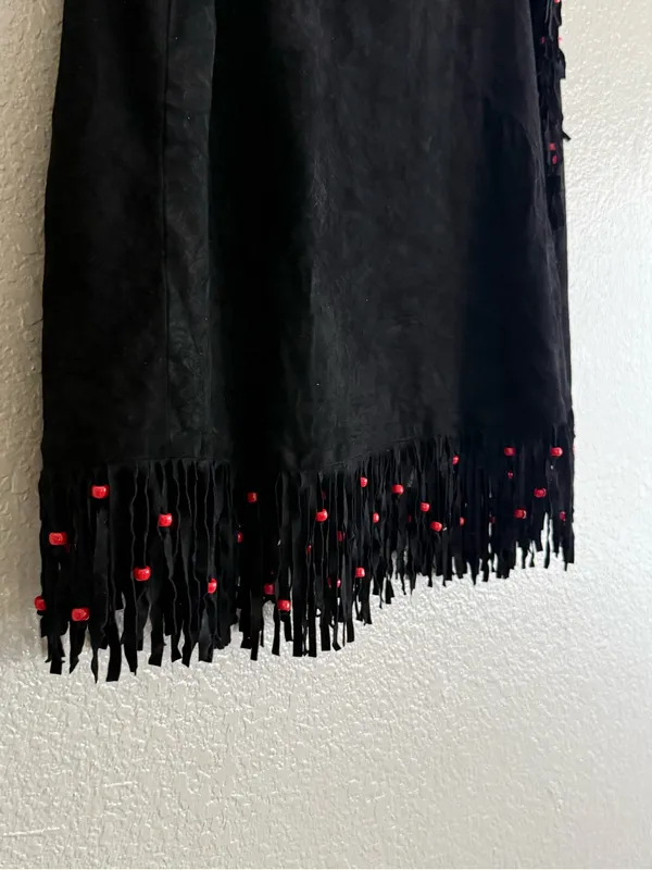 Vintage Black Suede Fringe Red Bead Western Wrap Midi Skirt L XL Cowgirl - Image 6