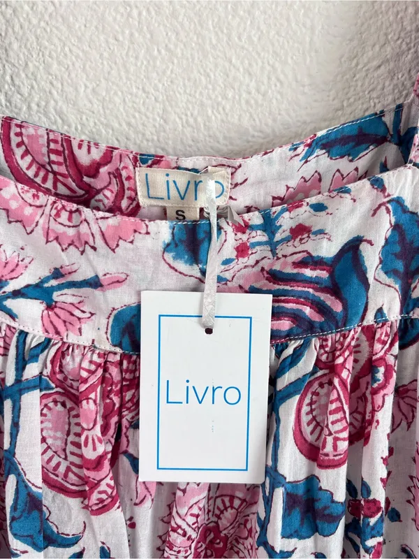 NWT Livro Women's Floral Print Tiered Maxi Dress Flutter Sleeves Pink Blue - Image 2