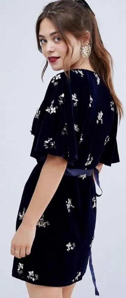 ASOS Petite Floral Beading Wrap Low Cut Velvet Mini Dress NWT Sz. 4 - Image 2