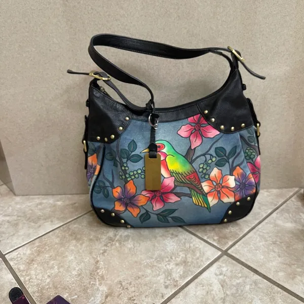 Anuschka Hand Painted Leather Hobo Bag Blue Tropical Bird Floral coin&cell case - Image 5