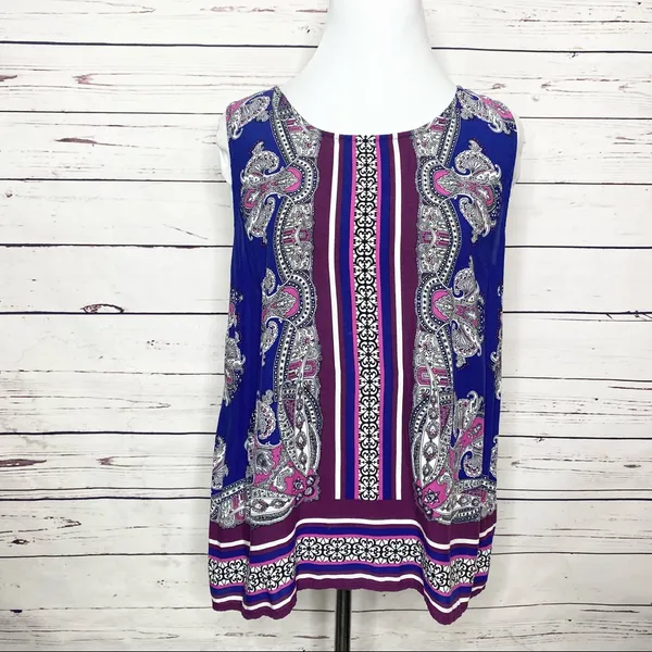 Cynthia Rowley Purple Pink Paisley Sleeveless Button Back Blouse Top Size Large - Image 2