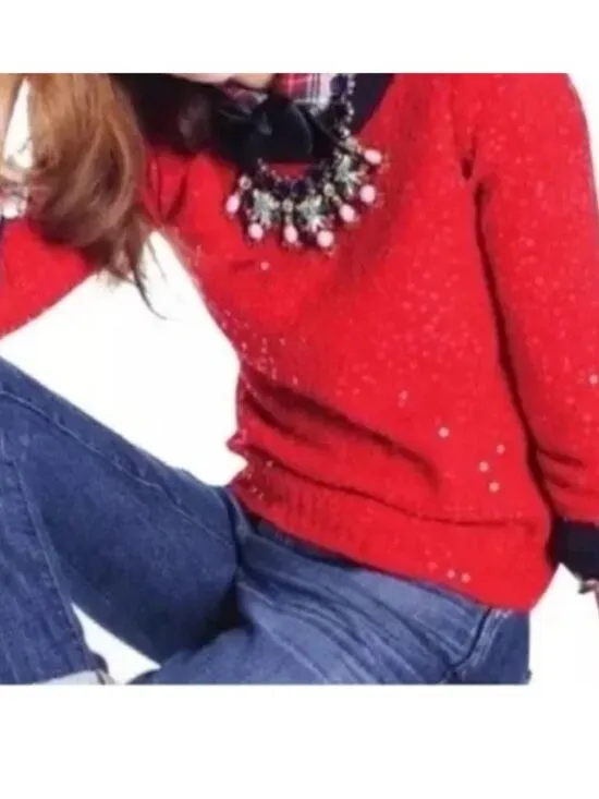 J.Crew Red Sequin Long Sleeves Pullover Wool Mohair Knit Sweater Top Size M - Image 10