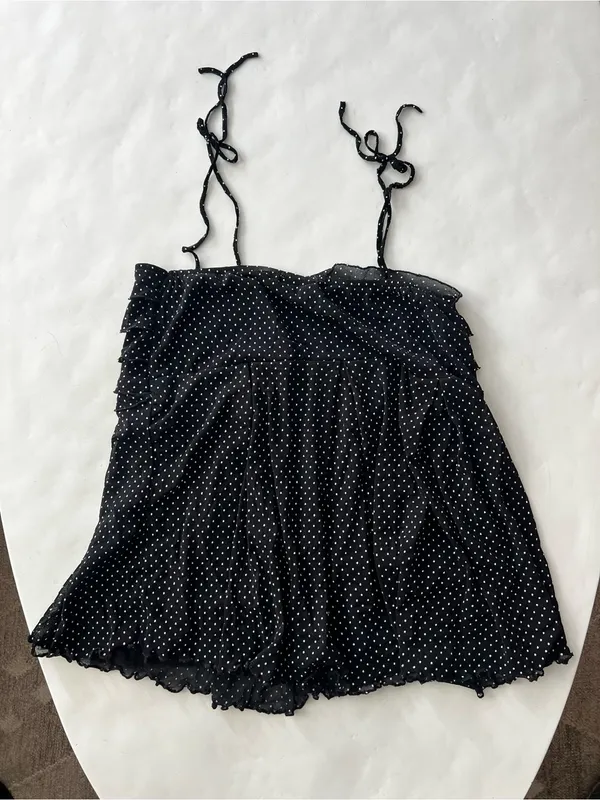 Vintage Y2K Black White Polka Dot Square Neck Cami Ruffle Tank Top XS / S - Image 3