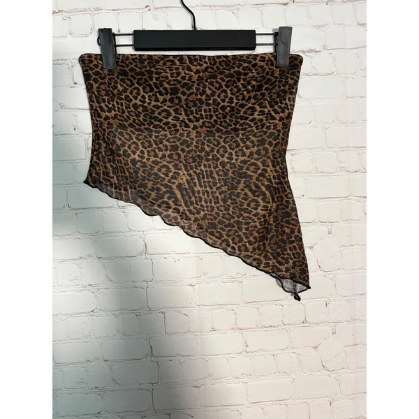 Edikted Leopard Print Asymmetric Mesh Tube Top‎ Brown Black Strapless Crop Small - Image 3