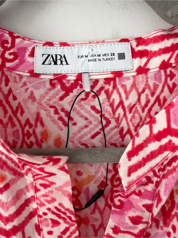 Zara Pink Red Ikat Geometric Print 3/4 Sleeve Tiered Skirt Boho Maxi Dress NWOT - Image 3