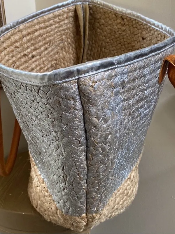 Metallic Silver & Natural Jute Tote with Tan Handles - Image 6