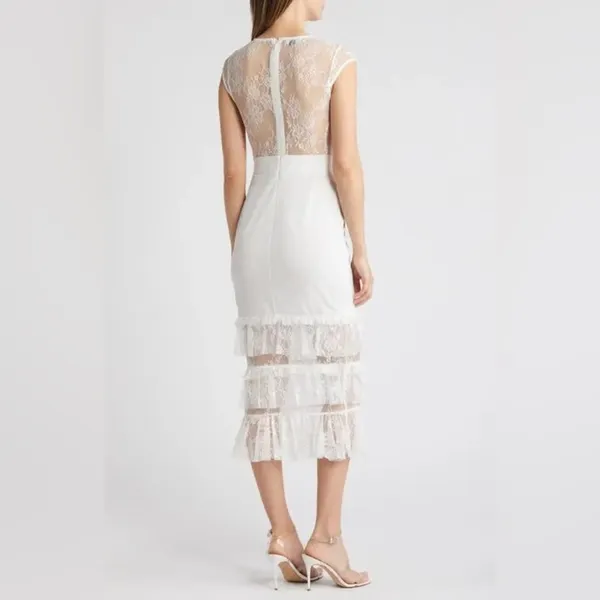 NWT BEBE Tiered Ruffle Lace Midi Dress Ivory Short Sleeve Size XL - Image 2