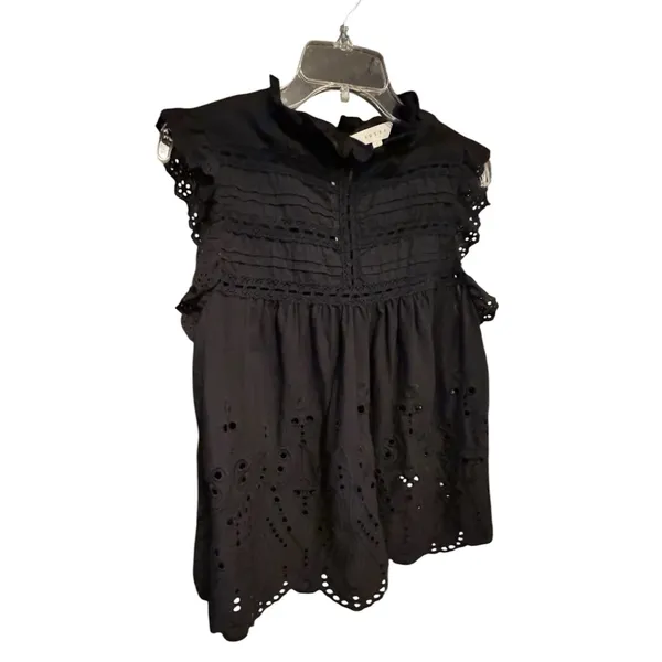 Adiva Black Eyelet Embroidered Sleeveless Top Ruffle‎ Neck Cotton Blouse Large - Image 11