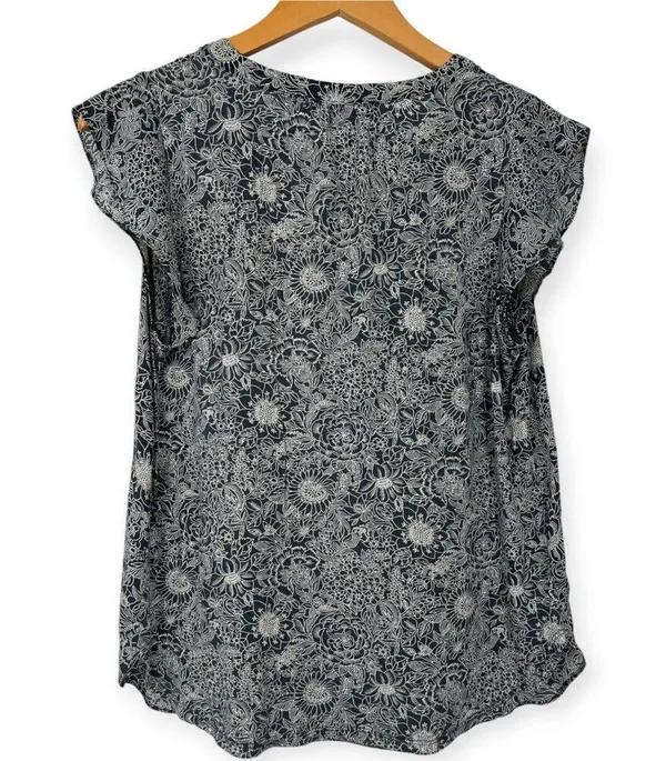 Loft M Short Flutter Sleeve Top Blouse V Neck Floral Blue - Image 2