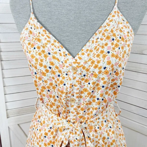 A Loves A Ditsy Floral Button Front‎ Spaghetti Strap Sundress Orange Pink Small - Image 5