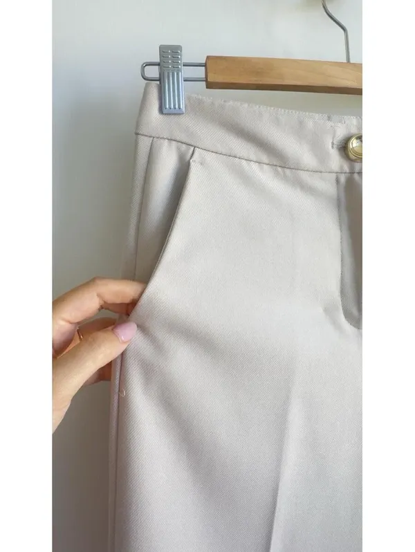 Zara Wide Leg Cropped Pants Cream High Rise Gold Button Stretch XS 24 - Image 5