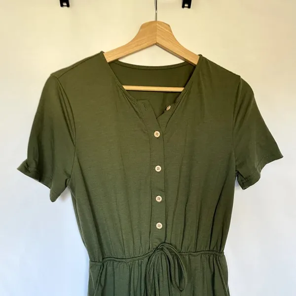 olive green button front drawstring waist jumpsuit‎ pockets women's size small - Image 2