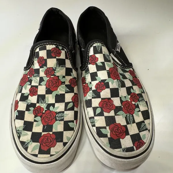 Vans Classic Slip-On Rose Checkerboard Canvas Sneakers Women 6.5 Floral - Image 3