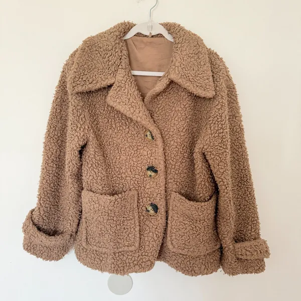 Free People Brown Sherpa Button Front Peacoat Cozy Textured Jacket Women Sz S - Image 2