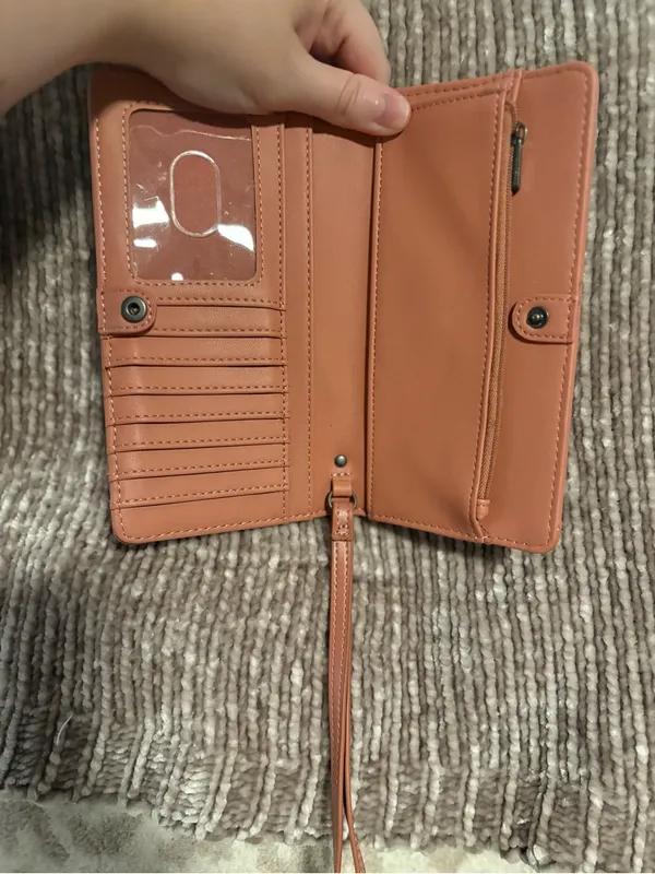 Slim Faux Leather Long Wristlet in Peach pink - Image 3
