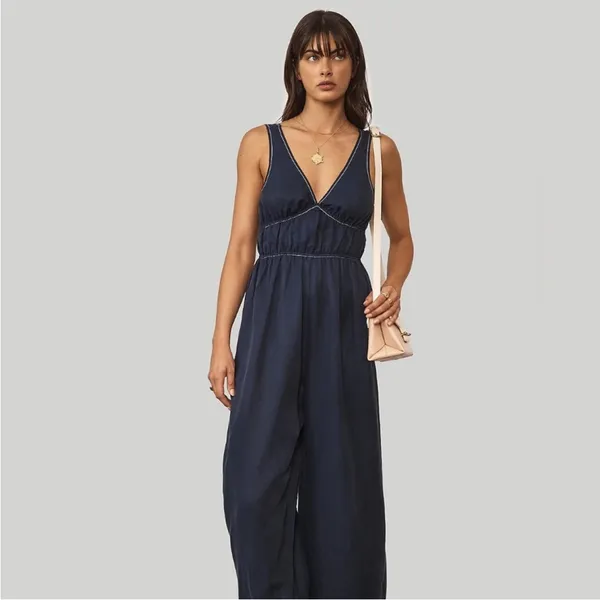 Anthropologie Sancia Oda Satin Jumpsuit in Midnight Navy Blue Size Small - Image 2