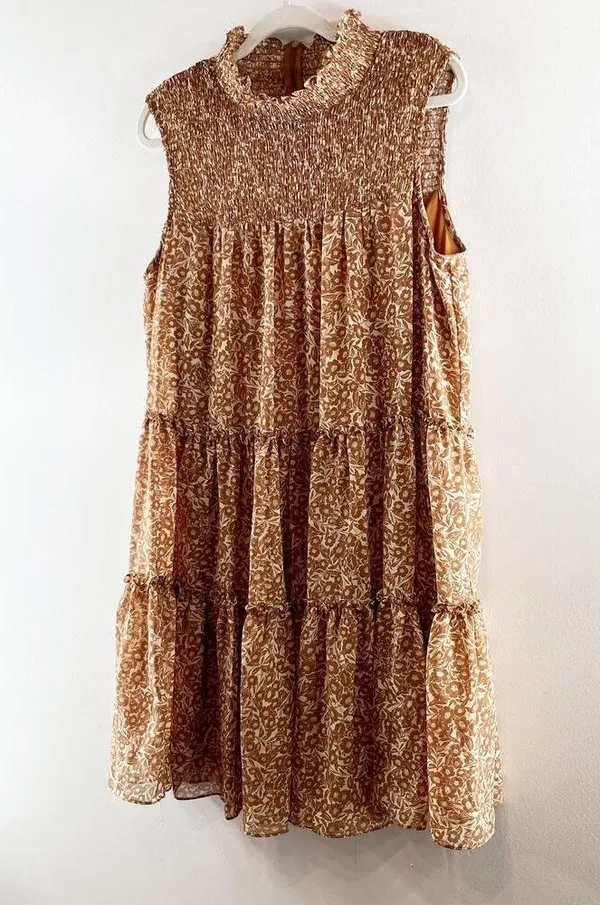 Taylor Smocked Tiered Printed Mini Dress Brown XL - Image 6