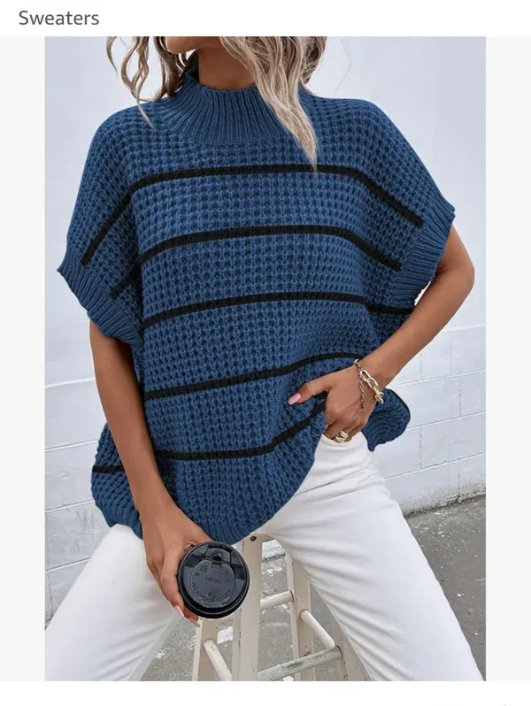 Blue Oversized Short Batwing Sleeve Mock Neck Sweater Vest Size Large New - Image 2