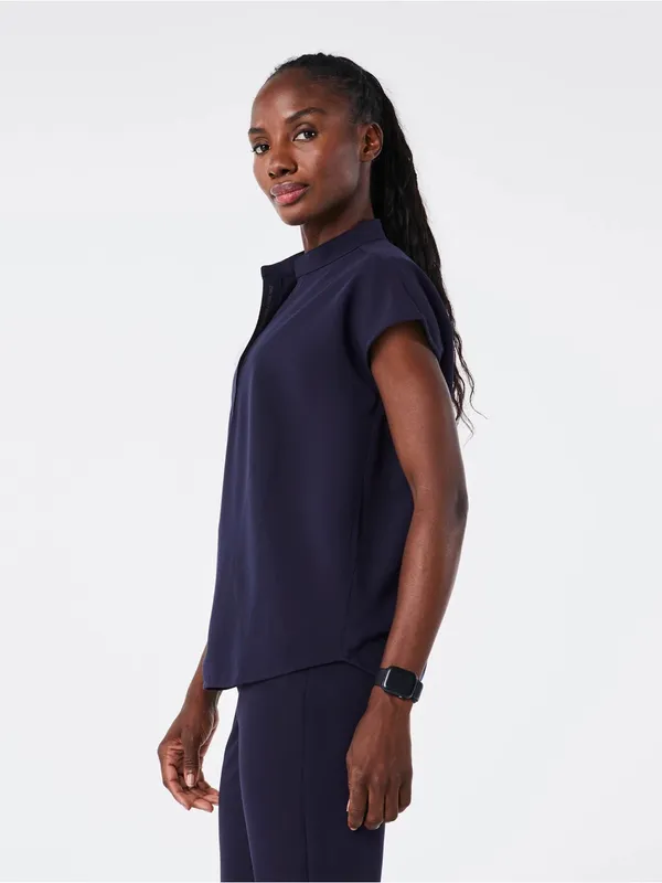 Figs Rafaela Oversized Scrub Top Sz XL Navy Short Sleeve Mandarin Collar Boxy - Image 4