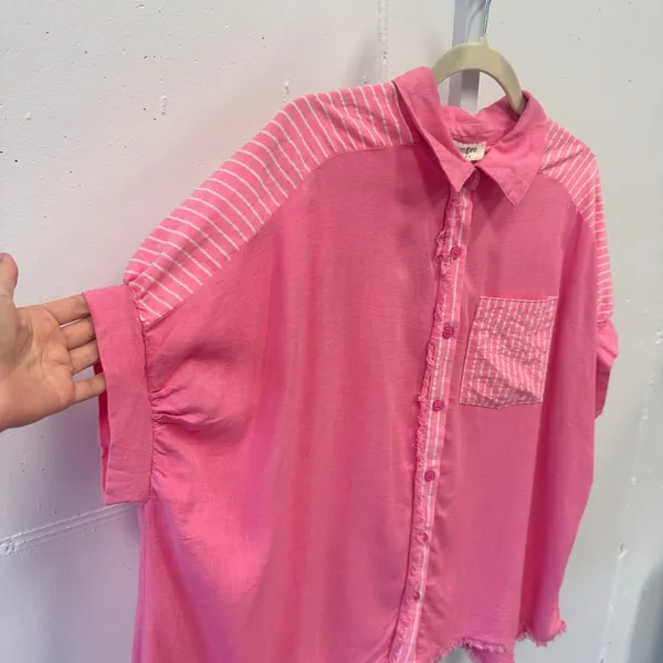 NWT Umgee USA Pink Linen Blend Striped Boho Frayed Hem Button Down Top Small - Image 3