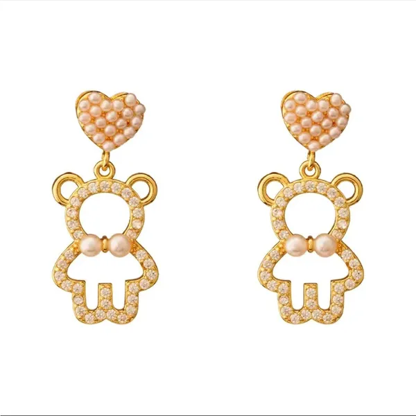 Rhinestone And Faux Pearl Decor Gold Plated Bear Drop Earrings Faux Fashion Jewe - Image 5