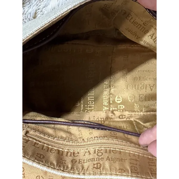 Etienne Aigner Purse~ Beige Linen Blend~Burgundy Trim~Snap Close Gold Hardware - Image 9