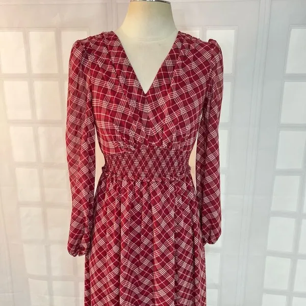 Gal meets glam Robyn maroon plaid long sleeve maxi dress size 0 - Image 4