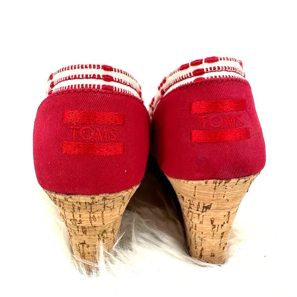 Toms size 6.5 red white‎ wedge heels peep toe slide on - Image 5