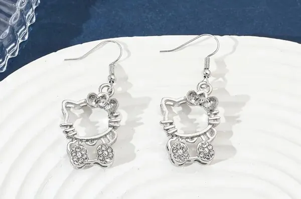 Hello Kitty Licensed Silver Plated Hollow Metal Drop with Rhinestones Earrings - Image 4