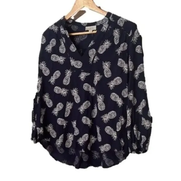 LOFT Pineapple Long Sleeve Blouse Small - Image 2