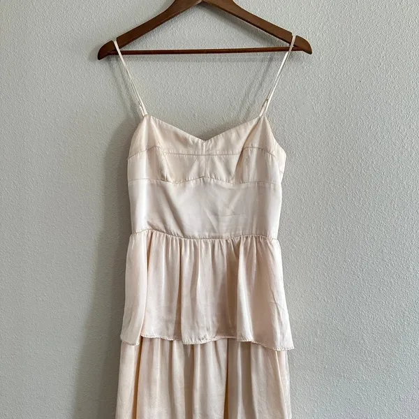 Amanda Uprichard Silk Pink Champagne Satin Tiered Midi Dress Romantic Delicate - Image 2