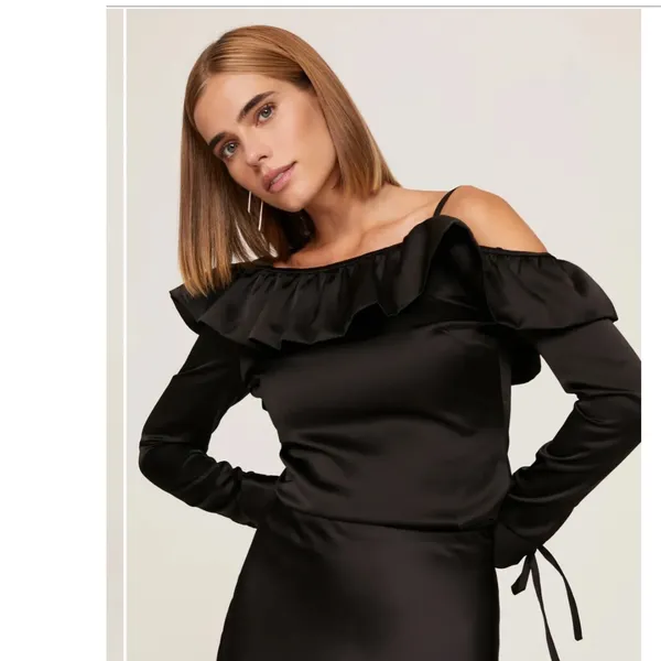 Osman Yousefzada Black Ruffle Cold Shoulder Satin Top Size 2 Whimsigoth Y2K - Image 8