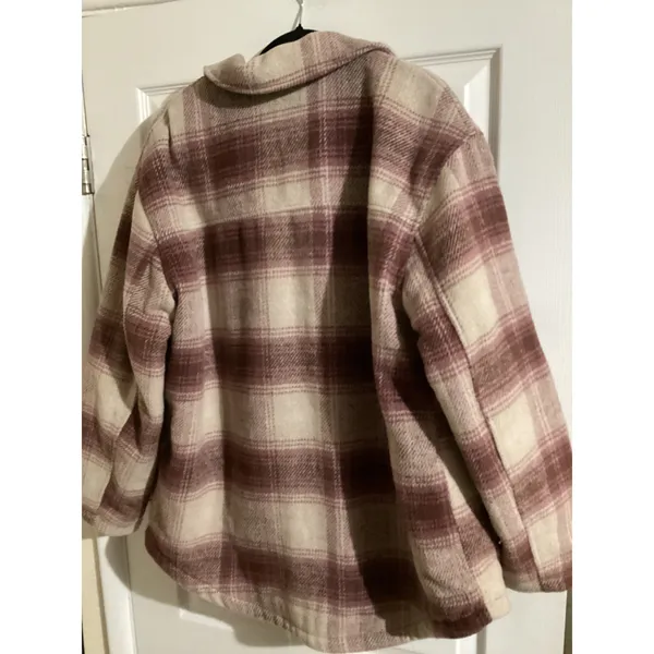 American Eagle Plaid Sherpa Lined Shacket Jacket L Burgundy Cream Button Front - Image 4