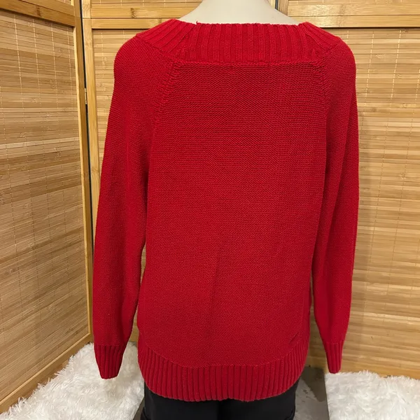 Ralph Lauren Chaps Sweater Women Red Chunky Cable Knit Fisherman Ribbed top M - Image 4